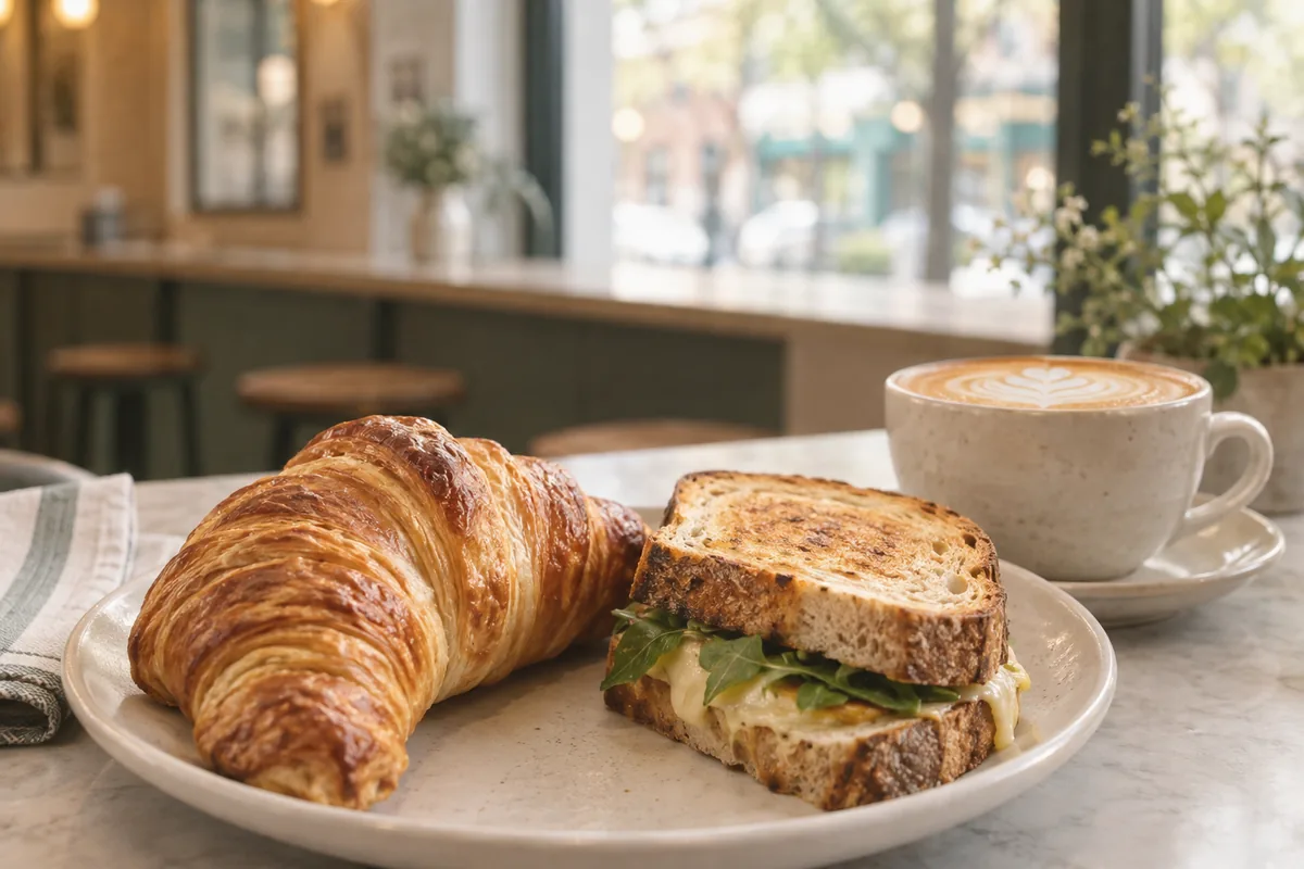 Croissant, sandwich, and coffee at a café
