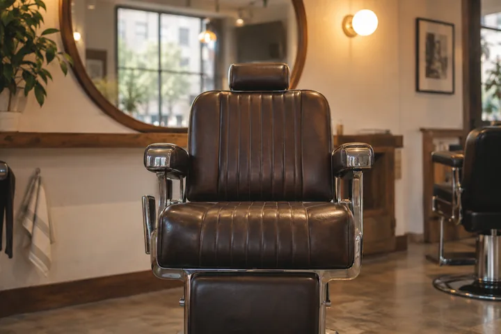 A barber chair and mirror in a softly lit neighborhood barbershop