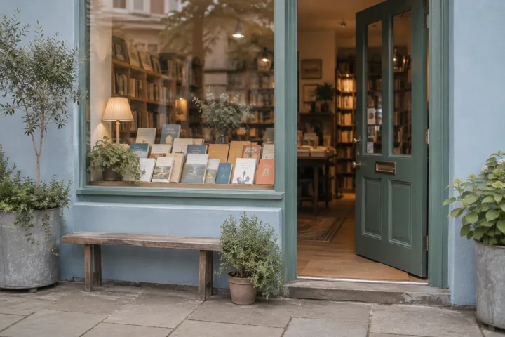 Books displayed beside the open green door of a neighborhood bookshop