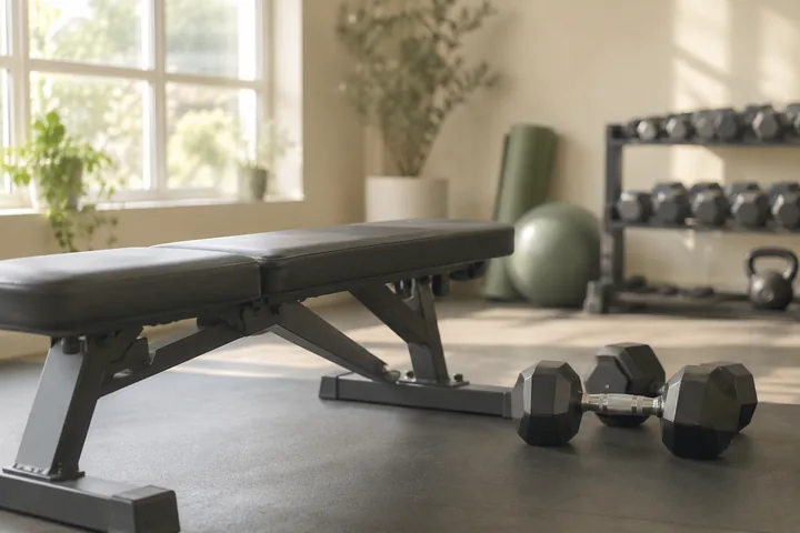 A workout bench and weights in a sunlit independent fitness studio