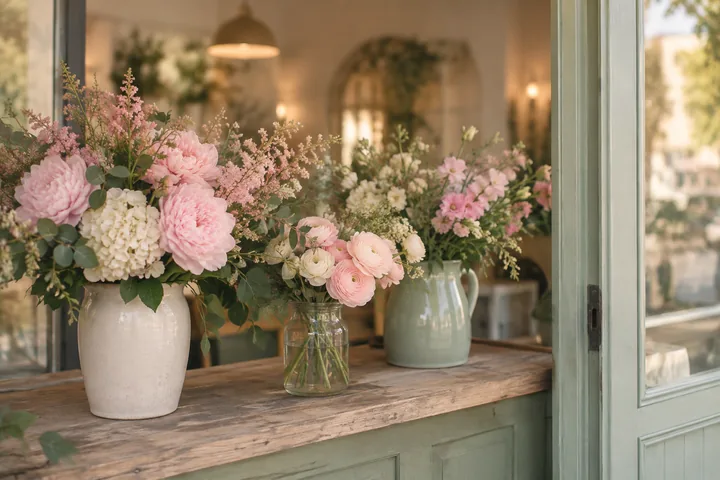 Flower arrangements in the window of a neighborhood flower shop