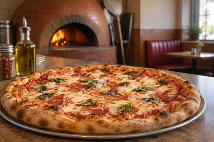 A pizza on the counter of a neighborhood pizza shop
