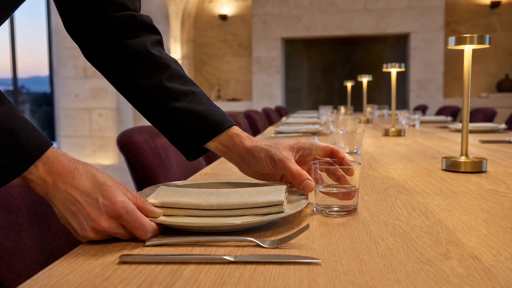Attendant hands place a water glass beside a linen setting on a long table