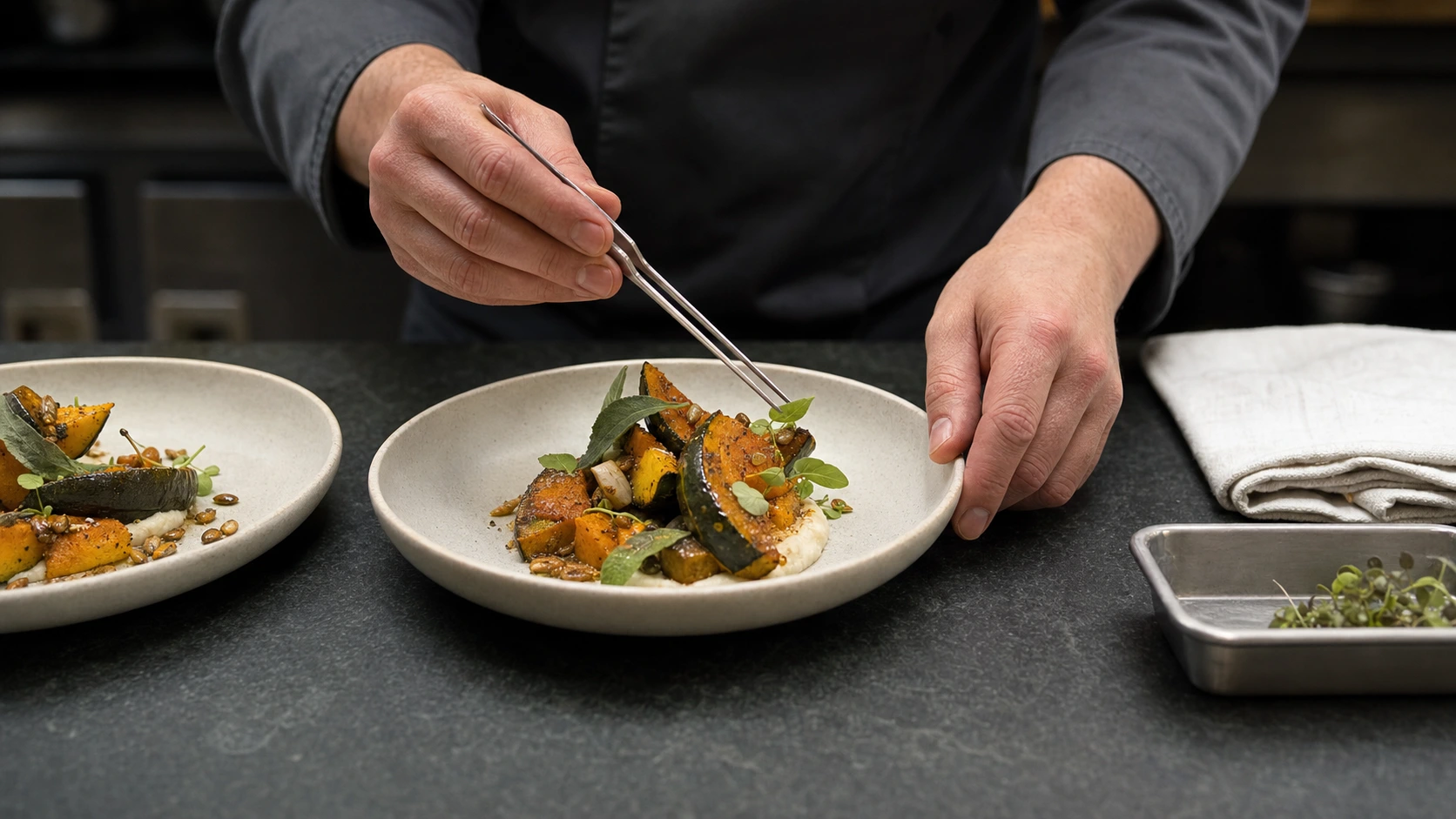 Chef hands finishing two seasonal squash plates at a dark stone pass