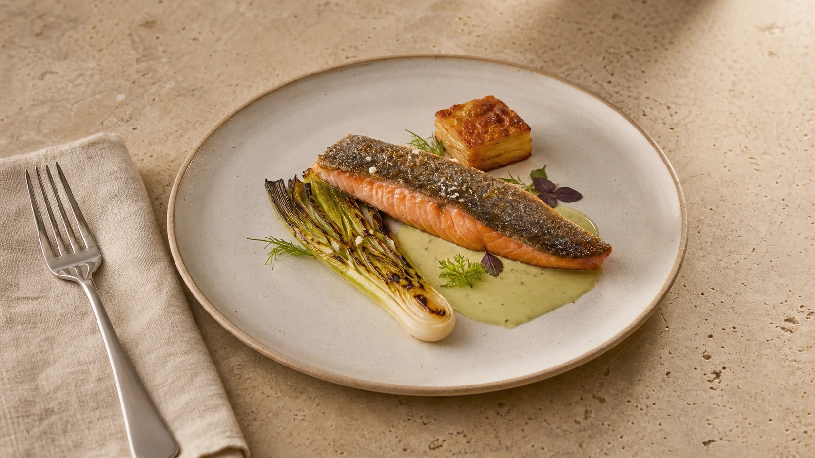 Roasted trout with charred leek, herb sauce, and a crisp potato pave
