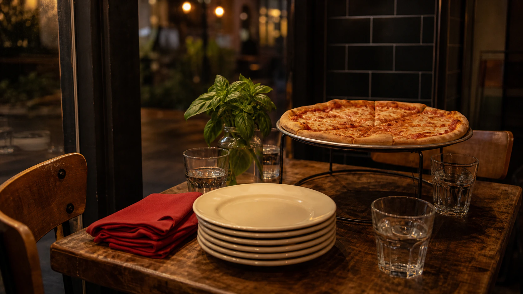 Evening pizza table set with plates, red napkins, glasses, and basil