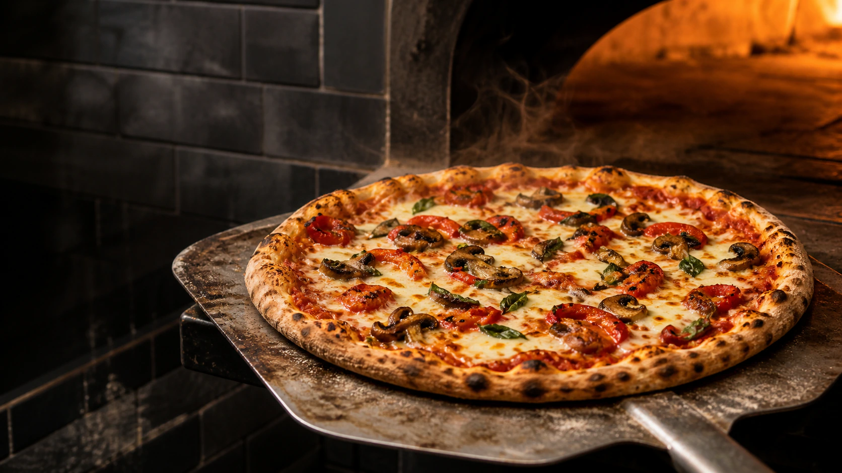 Vegetable pizza resting on a metal peel beside a glowing deck oven