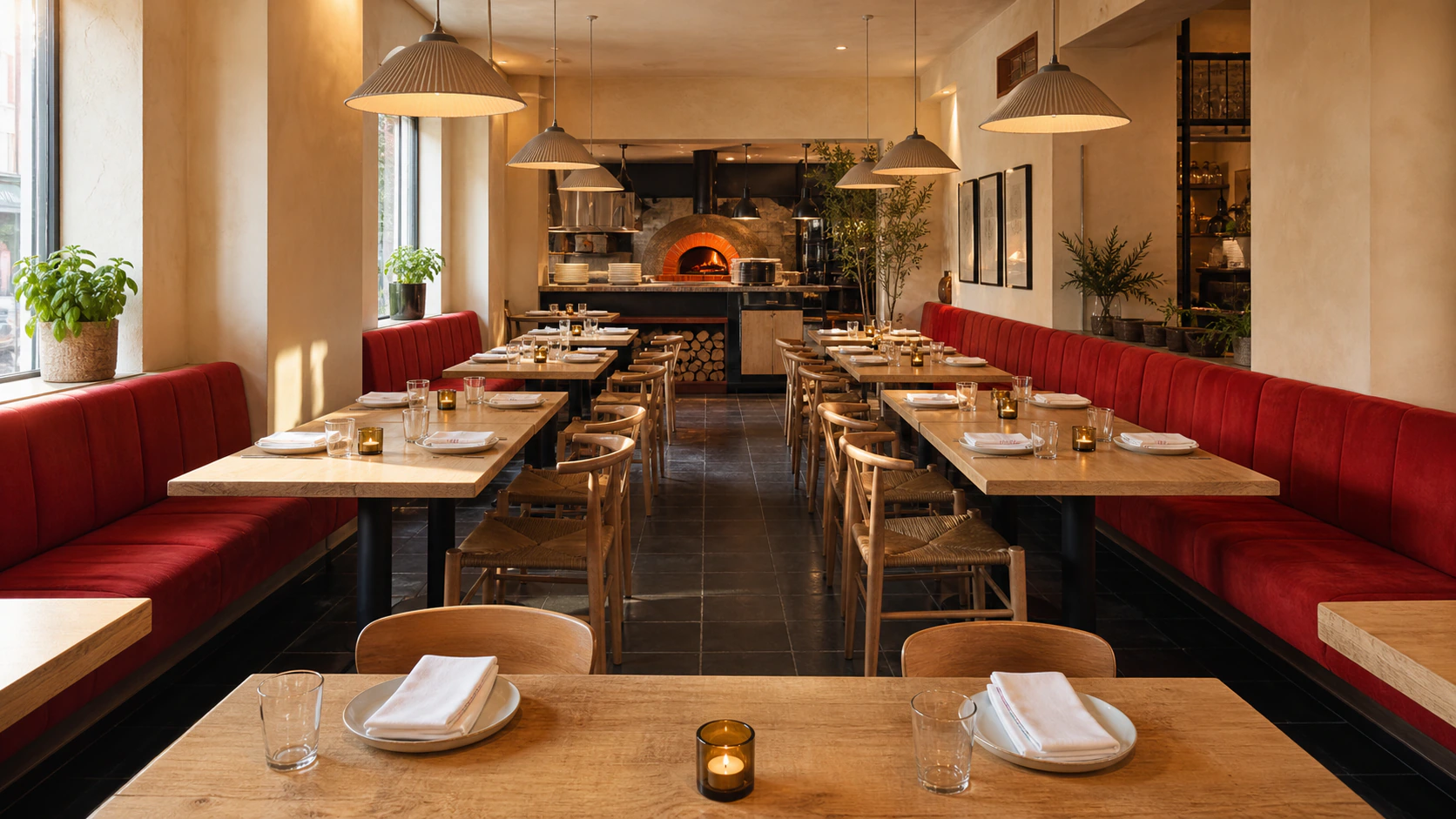 Warm pizzeria dining room with red banquettes and an open oven