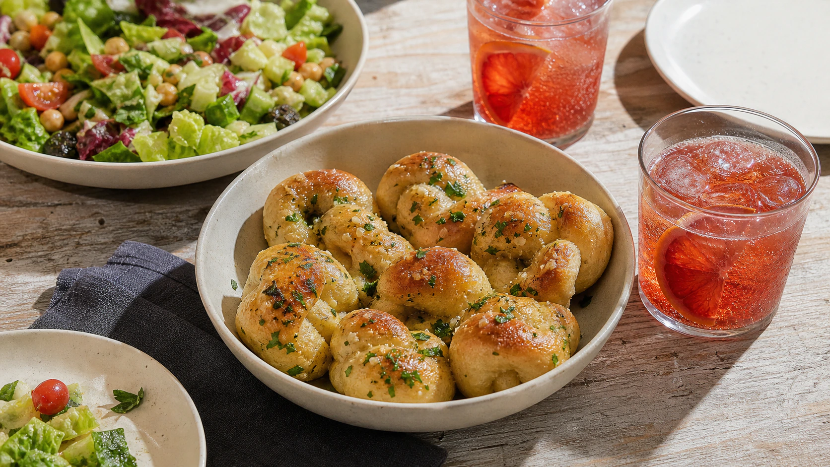 Garlic knots, chopped salad, and sparkling citrus drinks on a table