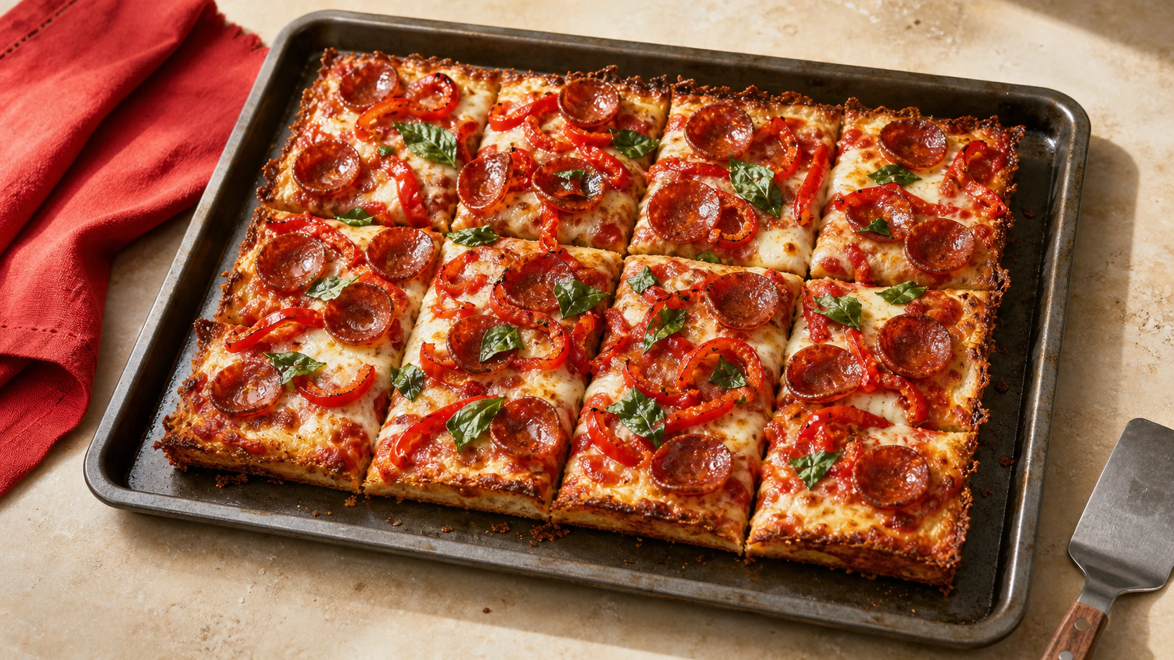 Rectangular pan pizza with pepperoni, roasted peppers, and basil