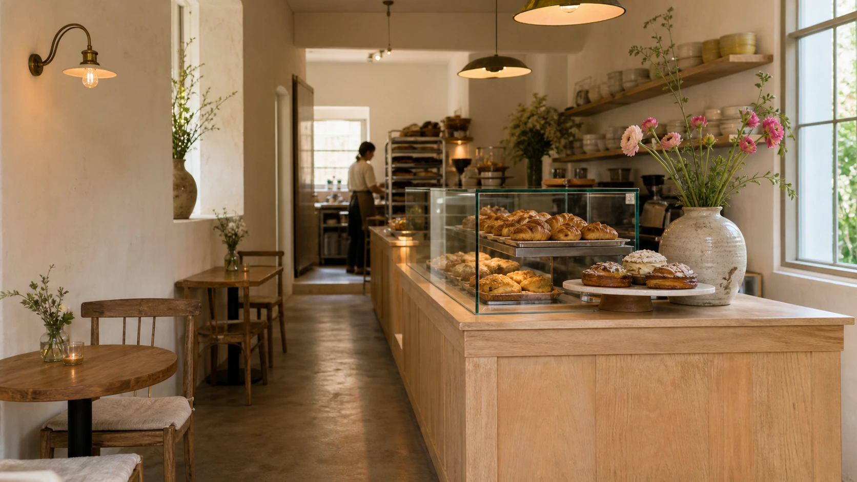 Fictional pale-oak bakery cafe and pastry display case