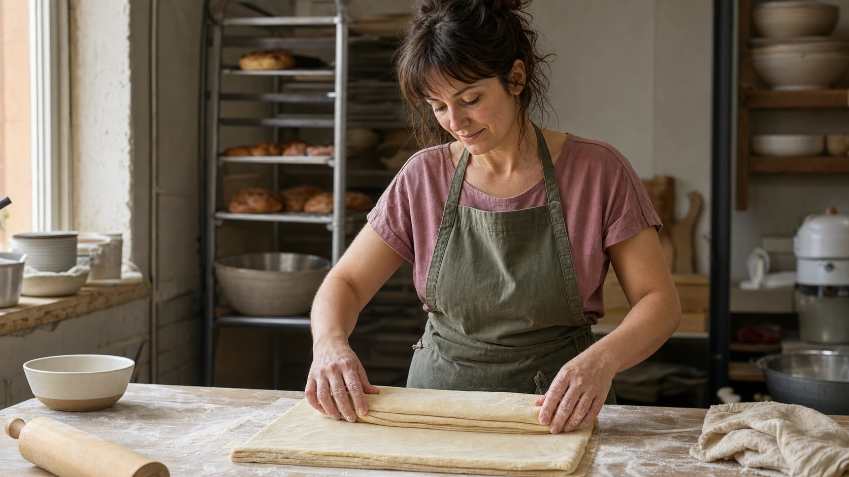 Fictional baker folding laminated dough