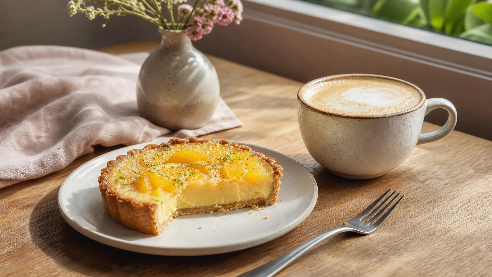 Fictional citrus custard tart and latte