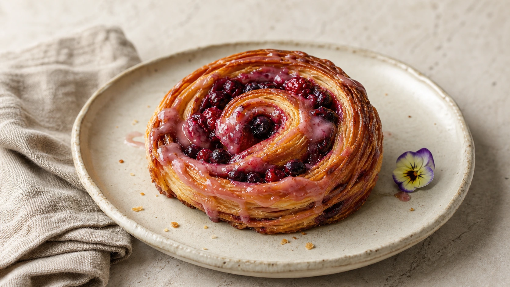 Fictional single berry-rose laminated spiral pastry