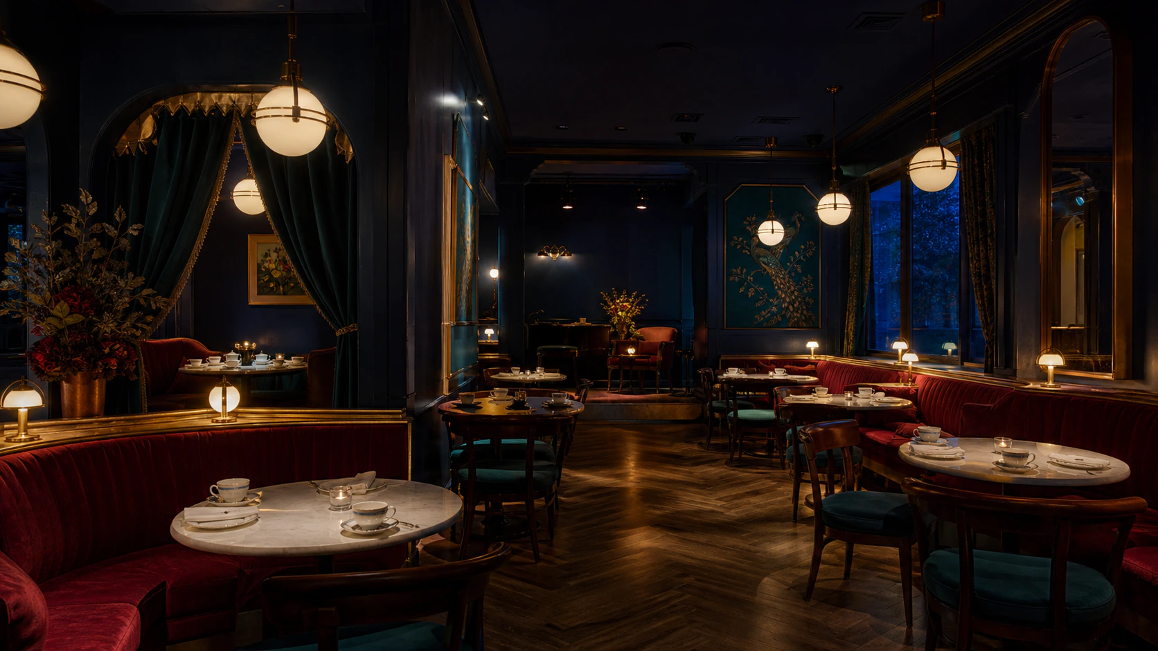 An empty evening tea salon glows with brass lamps, garnet booths, and peacock chairs.