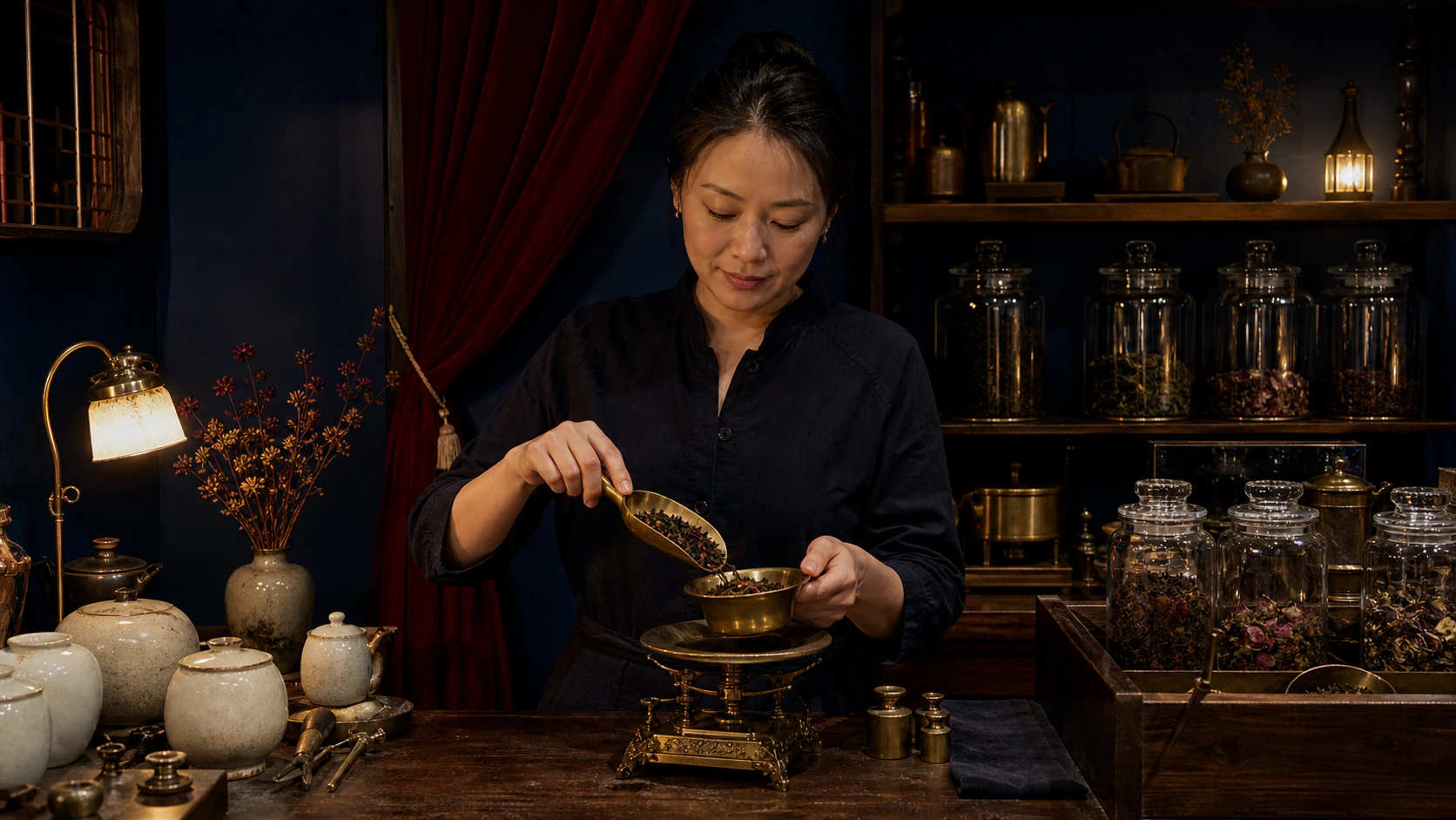 A tea maker measures loose leaves into a brass bowl at an evening service counter.