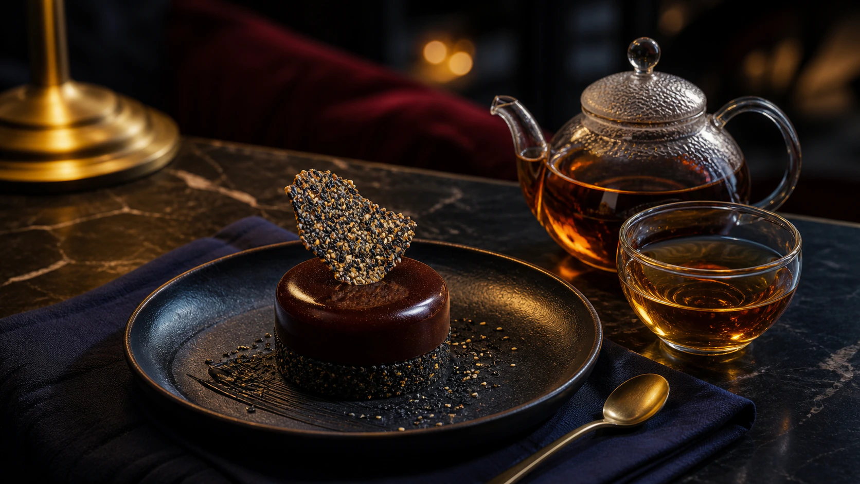 A dark chocolate sesame cake is paired with amber tea on a midnight-blue table.