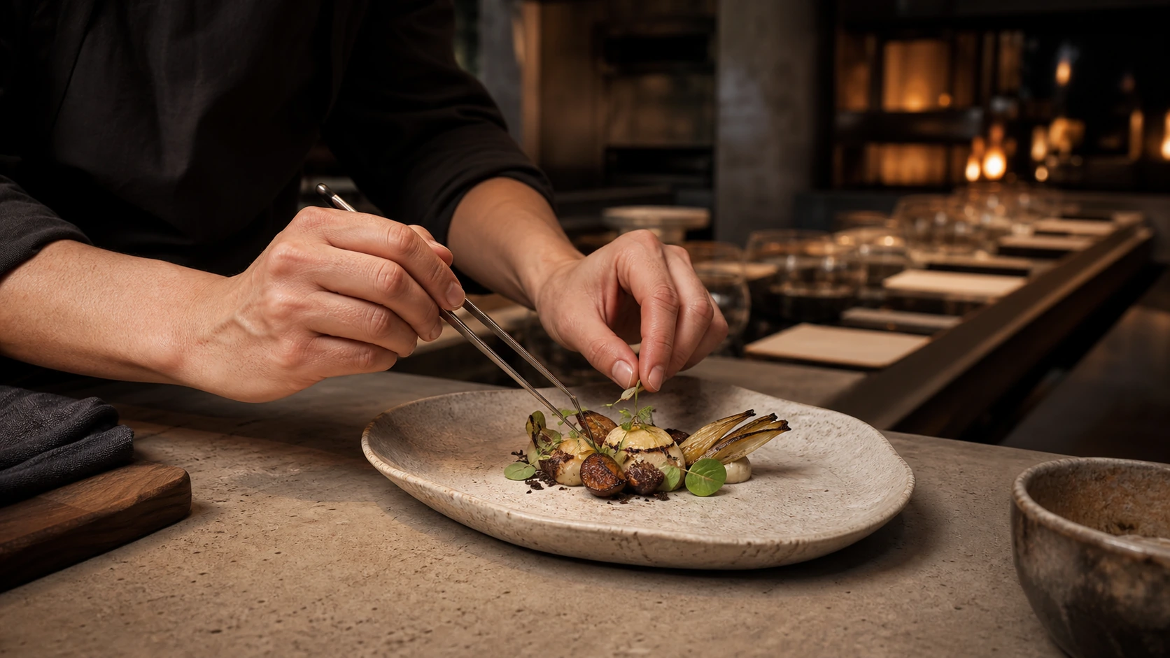 A chef finishes a vegetable course on handmade stoneware at the fictional Course & Kiln open counter