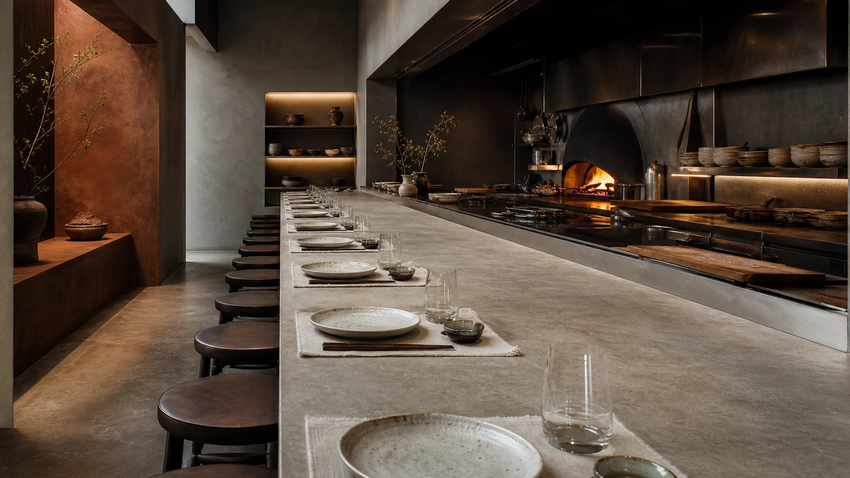 An empty pale-stone counter faces the glowing open kitchen in the fictional Course & Kiln dining room