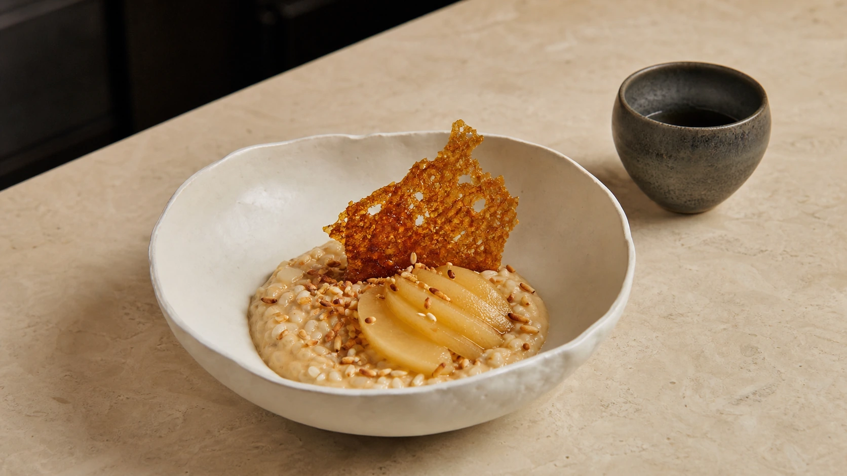 Toasted rice custard, poached pear, and amber crisp in a pale ceramic bowl