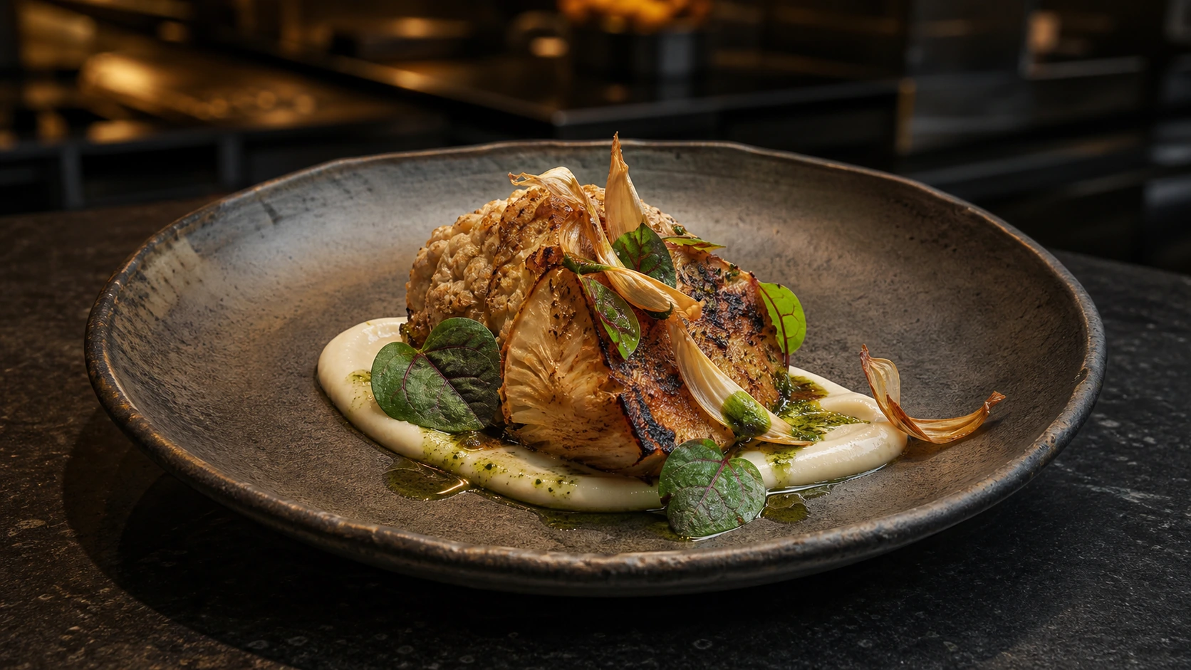 A roasted brassica course with pale puree and crisp allium petals rests on dark handmade stoneware