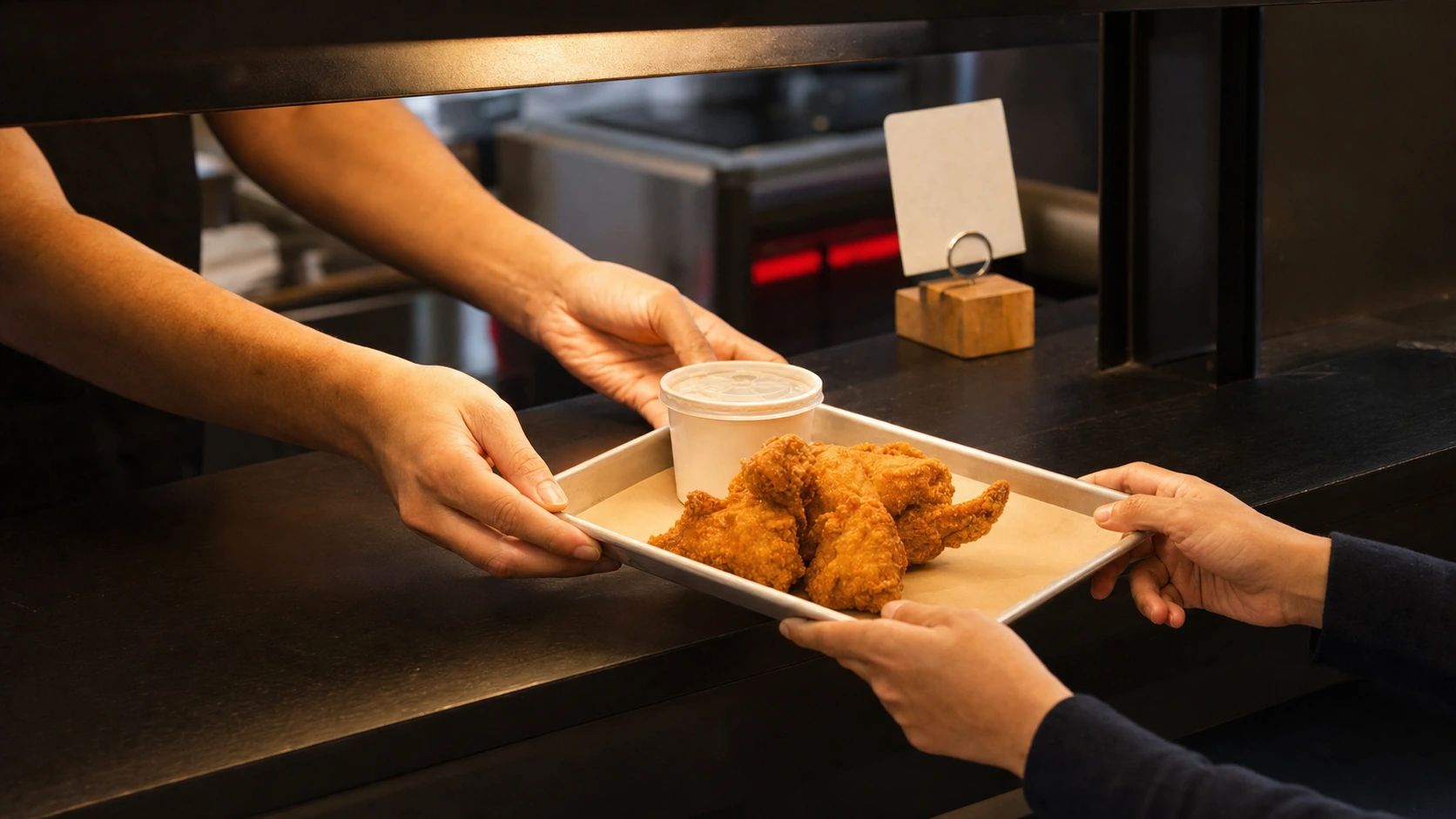 Fictional counter handoff with two people passing an unbranded chicken tray