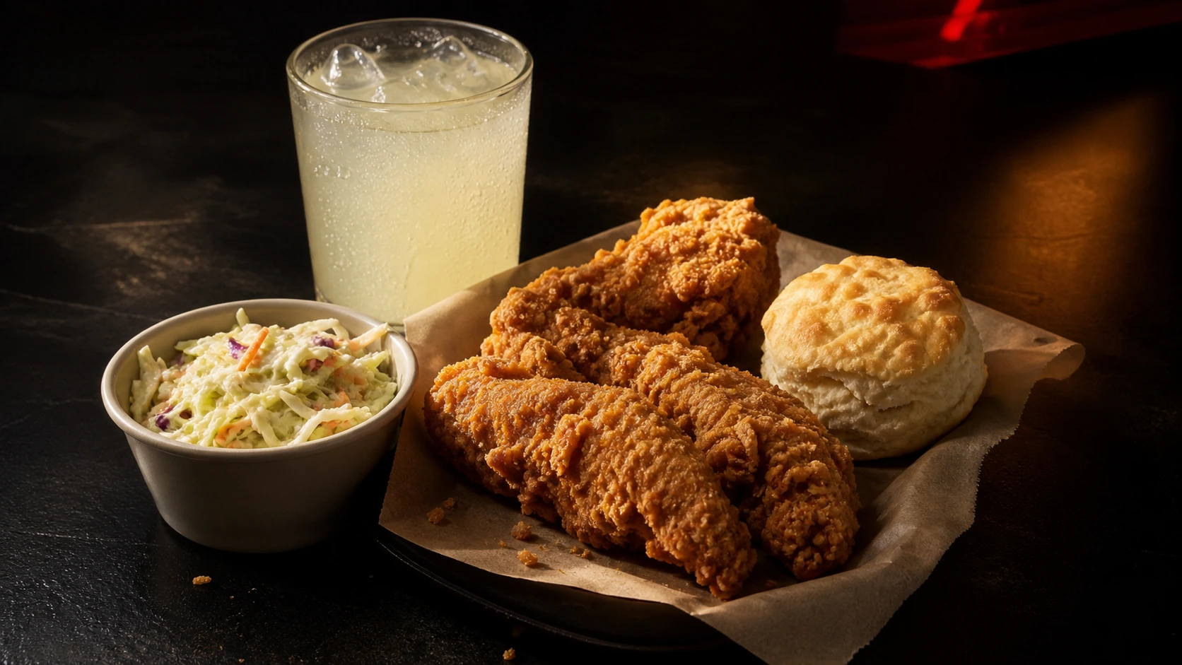 Fictional chicken tenders with slaw, a biscuit, and an unlabeled lemonade