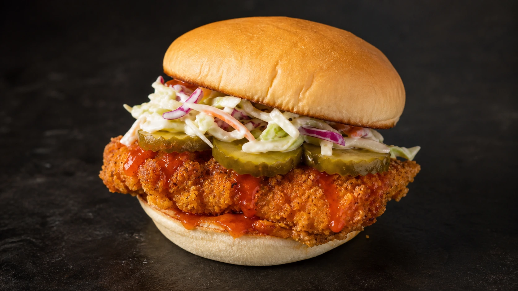 Fictional signature fried chicken sandwich with a golden crust and red sauce