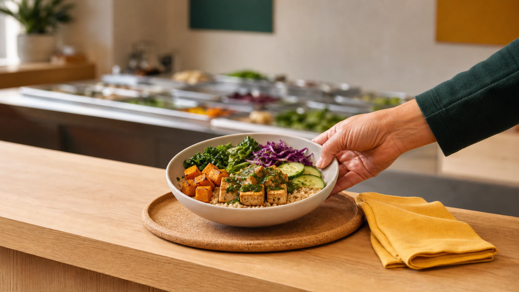 One fictional worker hand setting a finished grain bowl on a cork tray