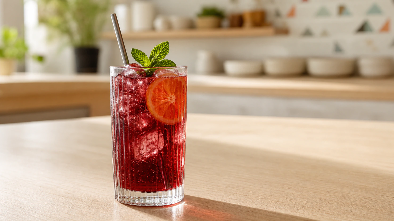 Fictional hibiscus-citrus sparkling drink in a ribbed glass