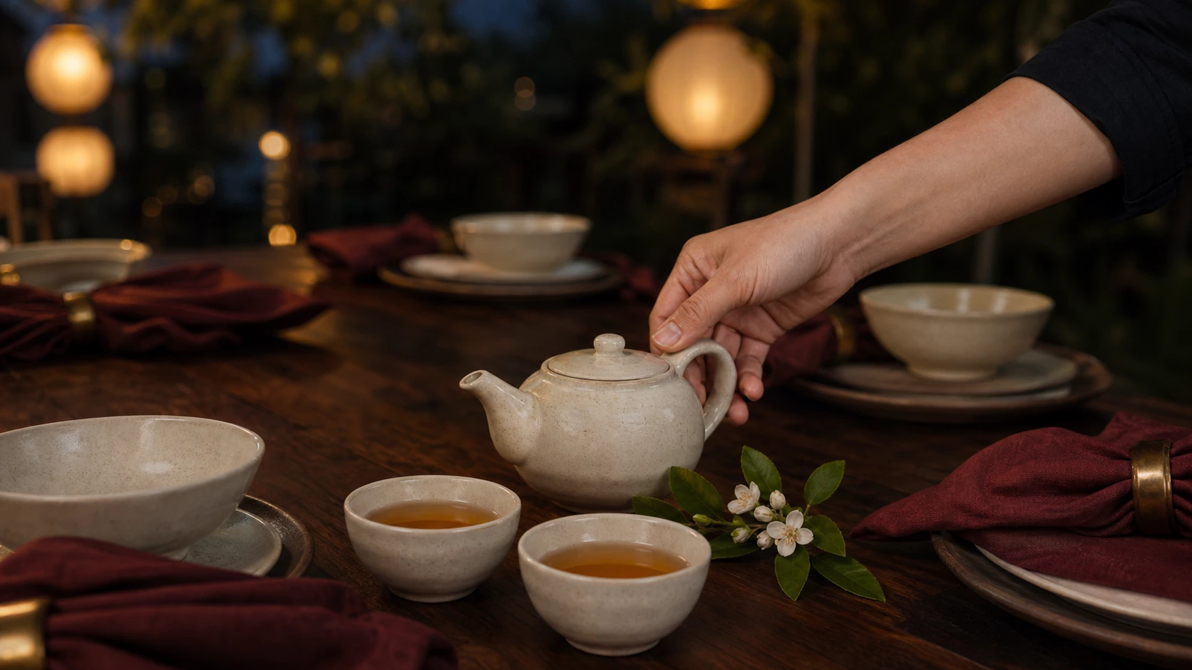 A server places a cream teapot beside two cups at a fictional evening table