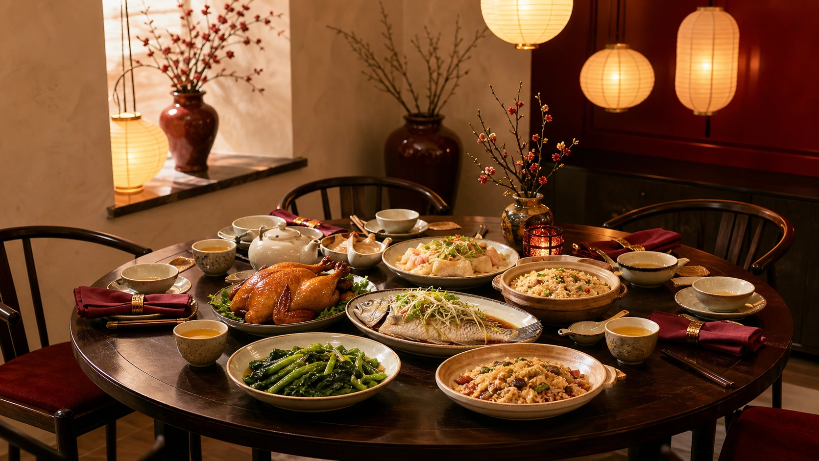 Warmly lit banquet table prepared for a family meal
