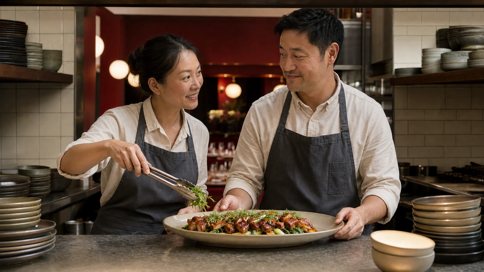 Two fictional sibling cooks finish a banquet platter together at the kitchen pass