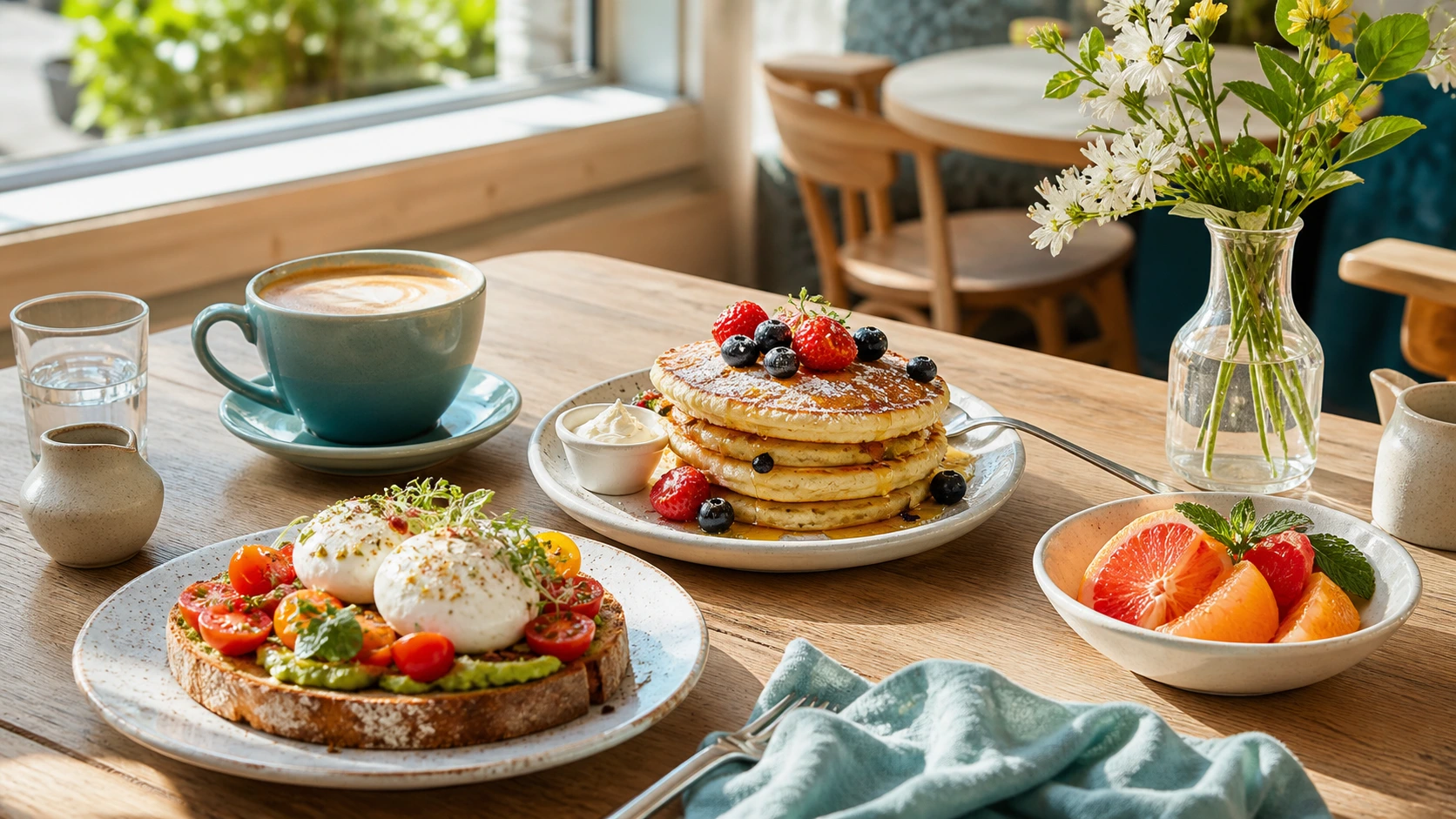 Sunlit brunch table with pancakes, avocado toast, citrus, coffee, and white flowers