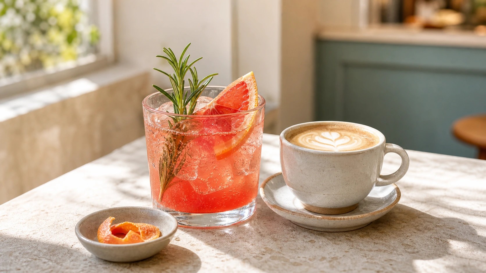 Grapefruit rosemary spritz and cortado on a sunlit stone table