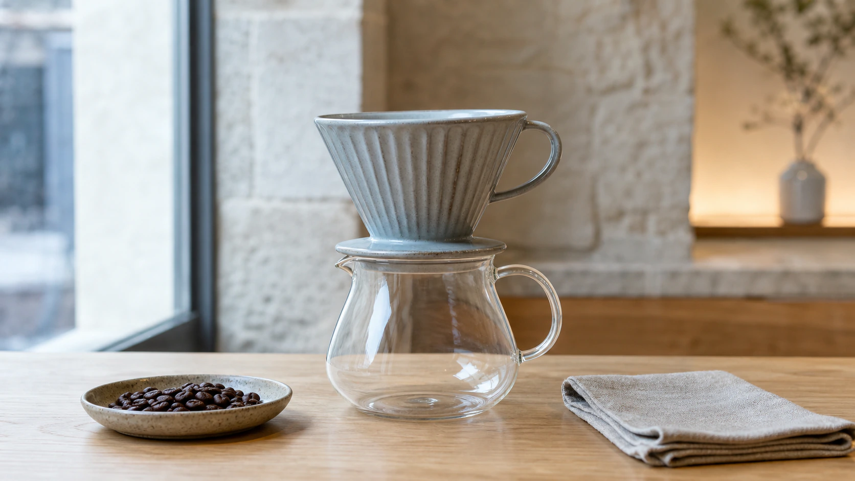 A ceramic pour-over dripper on a glass carafe beside beans and folded linen