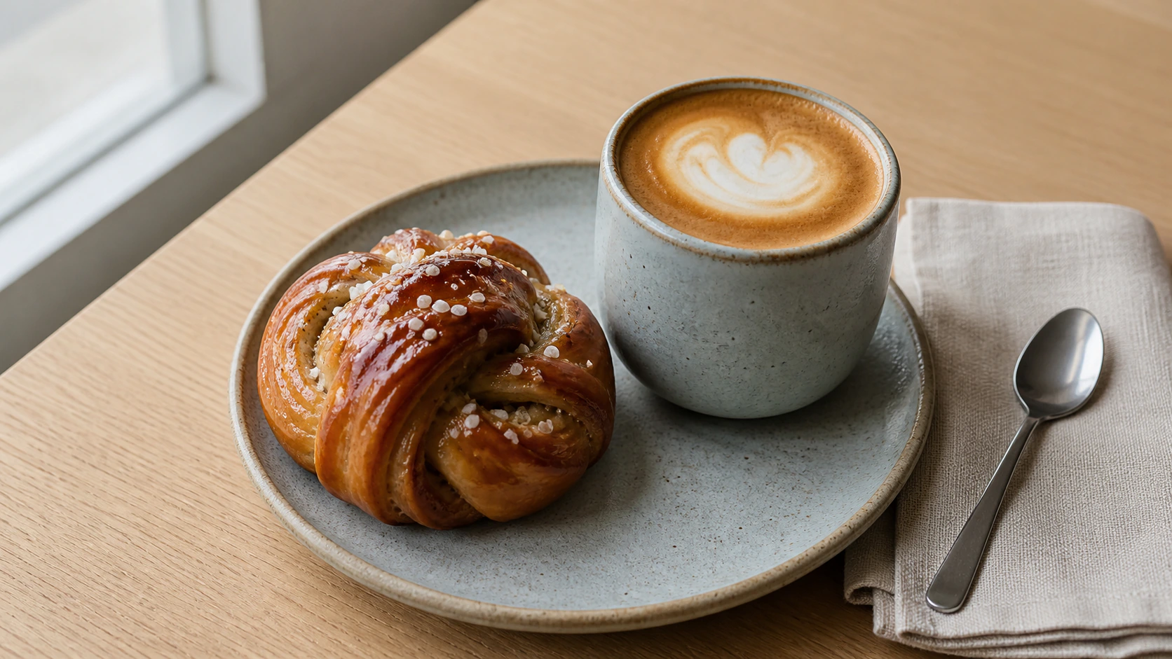 A small fictional pastry beside a ceramic coffee cup on a limestone table