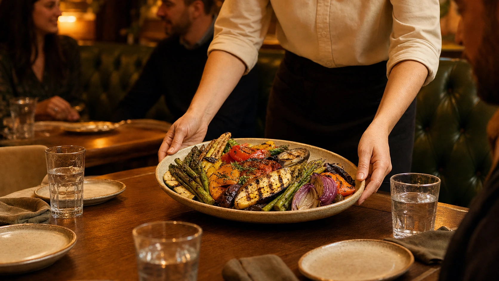 Server placing a platter of grilled vegetables on a family-style table in a warm fictional dining room