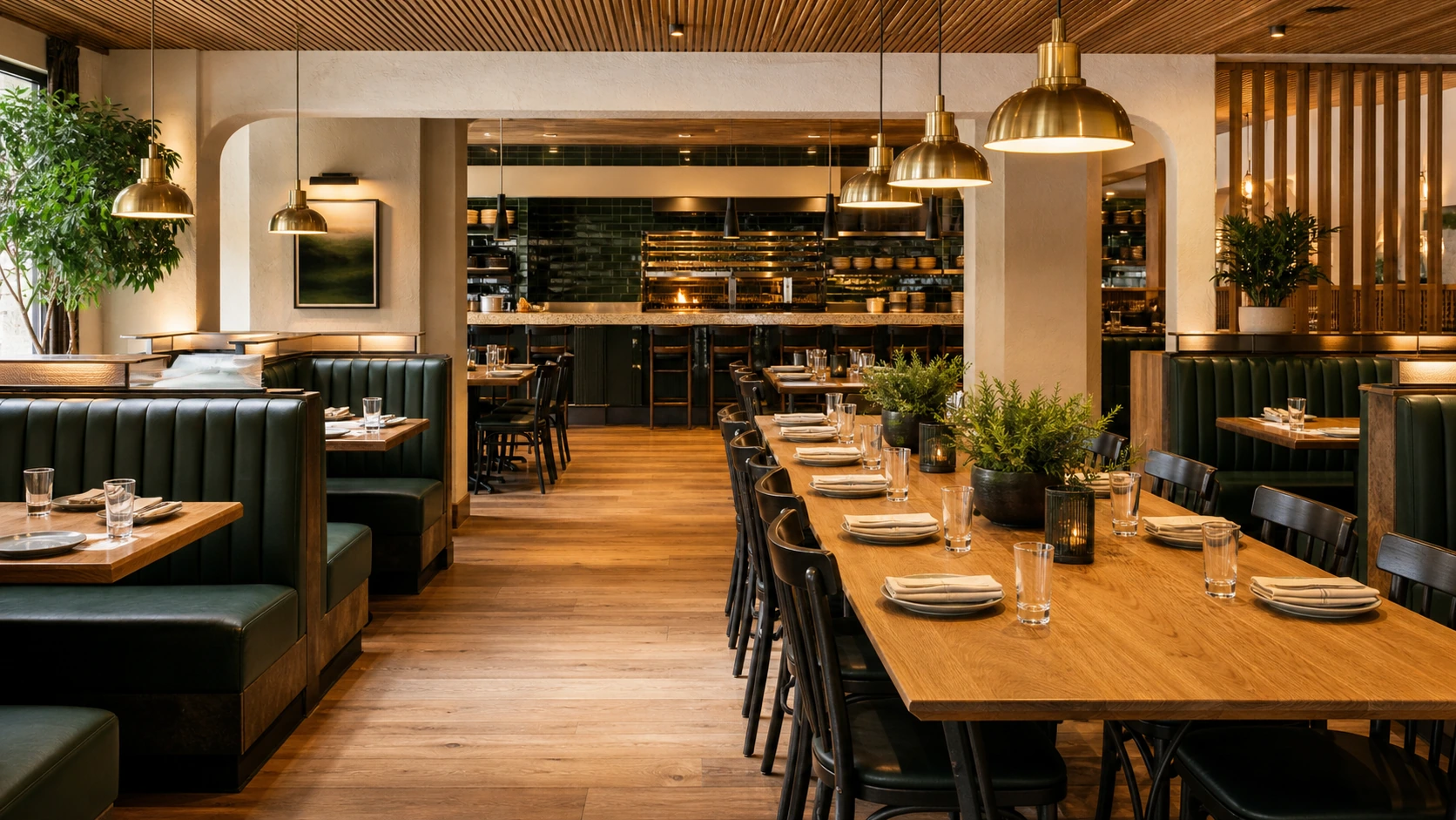Bright fictional grill dining room with evergreen booths, long oak communal table, brass pendants, and open grill kitchen