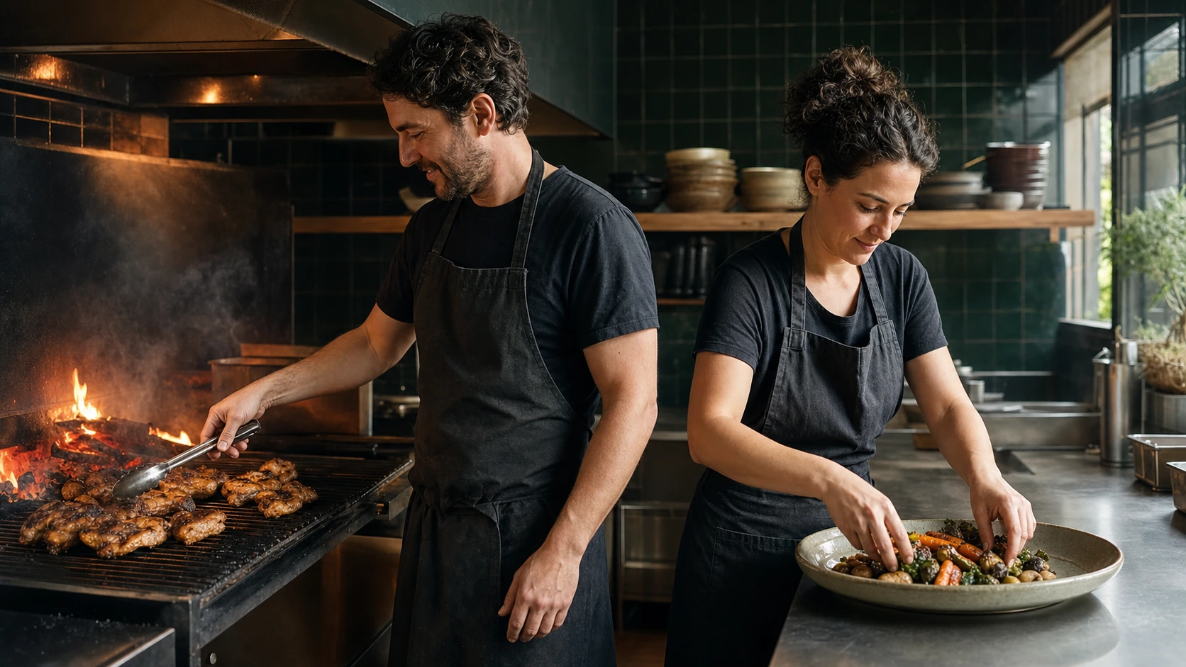 Two fictional adult cooks working at a live-fire grill and plating roasted vegetables