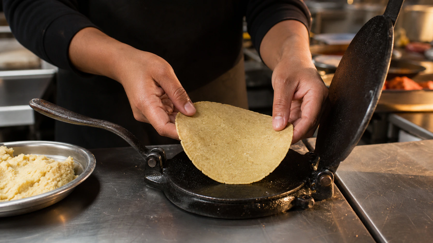 Two hands lift a corn tortilla from a press inside a fictional taco truck kitchen