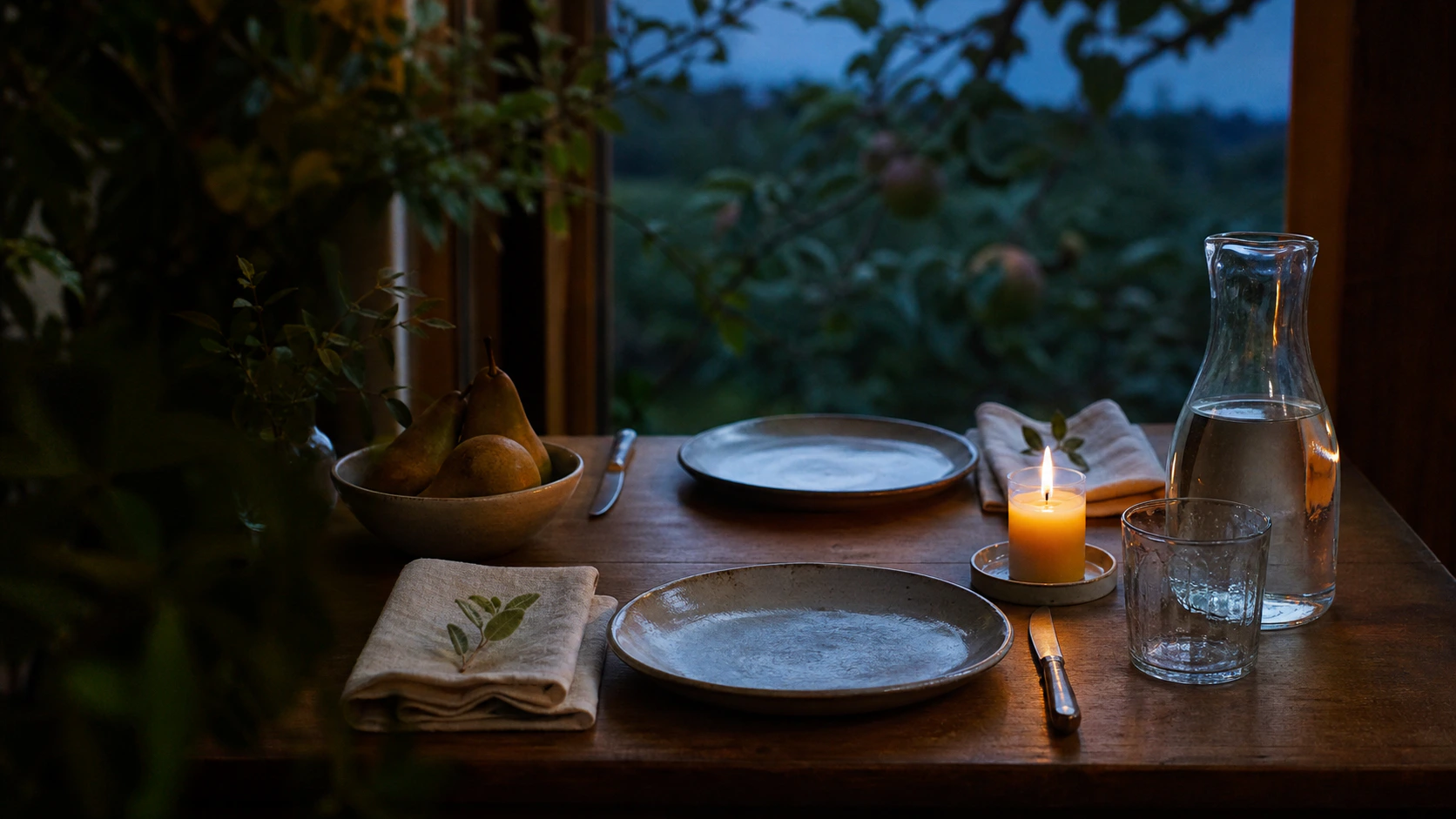 Fictional twilight table with pears, linen, a water carafe, and candlelight