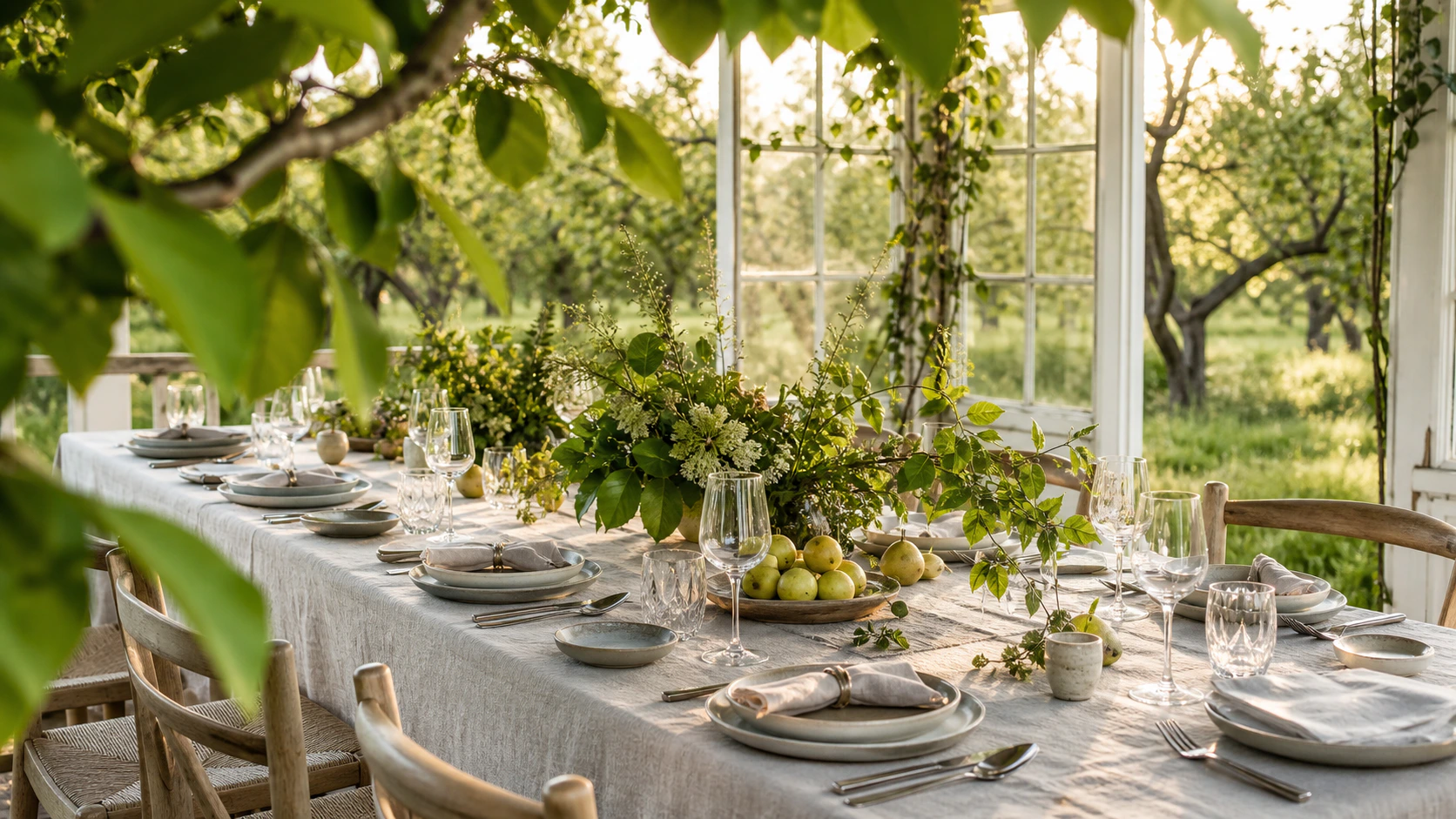 Sunlit fictional orchard table set with pale linen, pears, and leafy branches