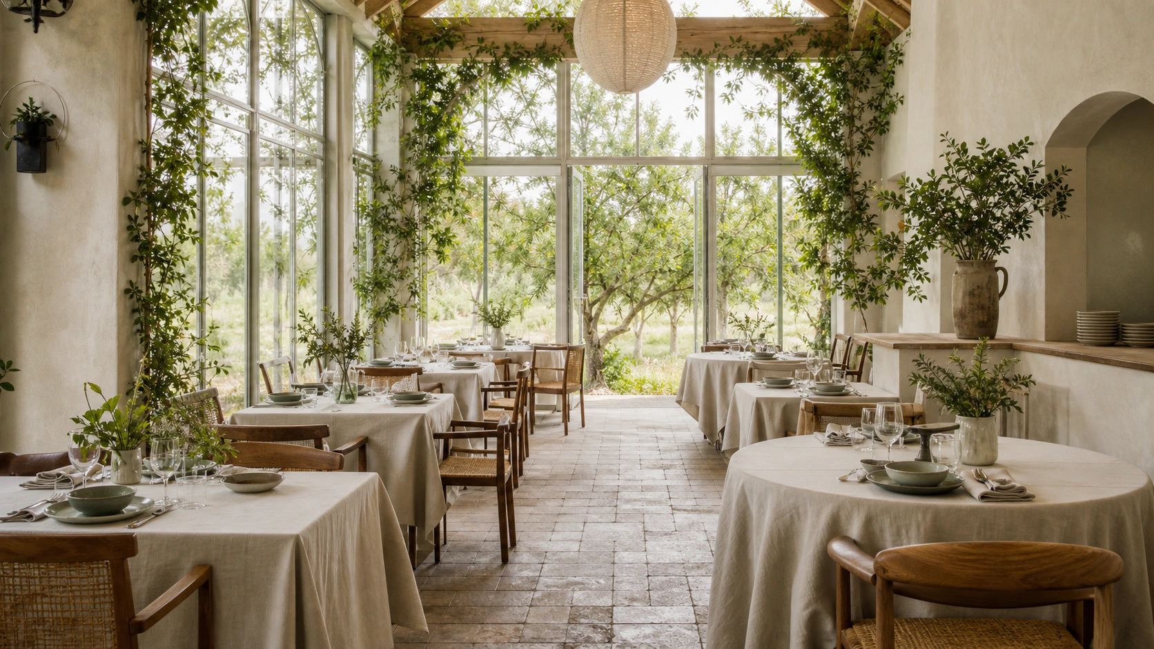 Bright fictional garden dining room with linen tables and orchard views