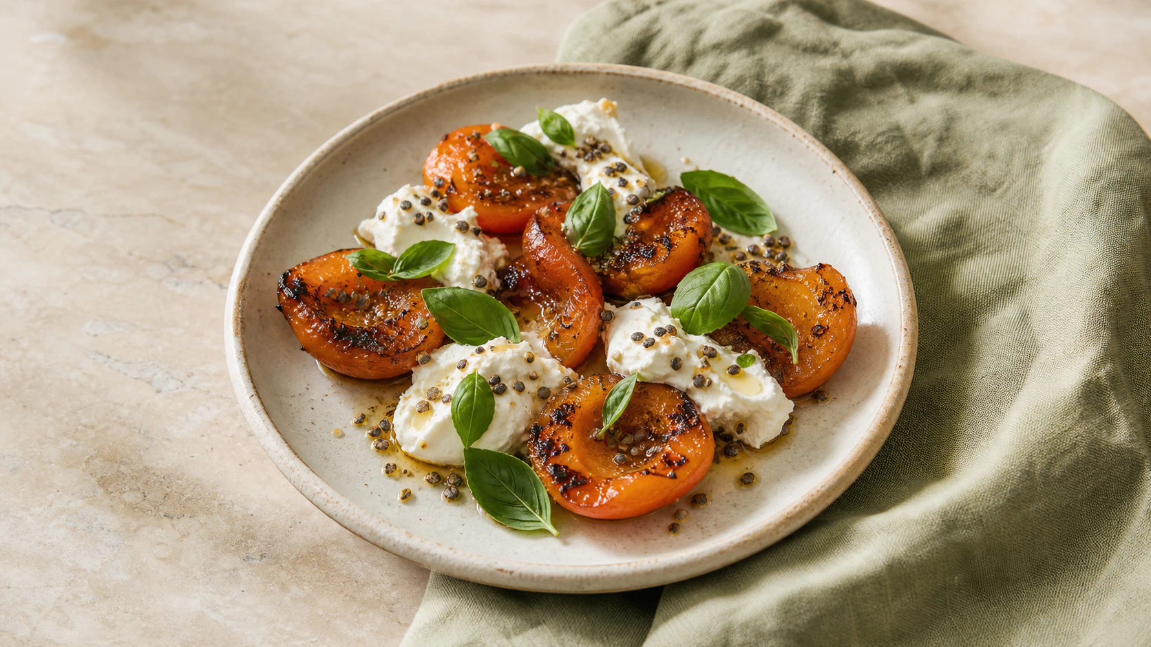 Fictional charred apricots with whipped goat cheese and basil on a ceramic plate