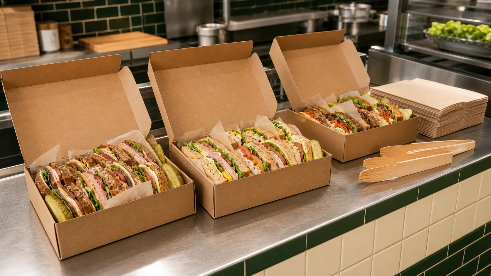 Three open kraft catering boxes filled with half sandwiches and pickle spears