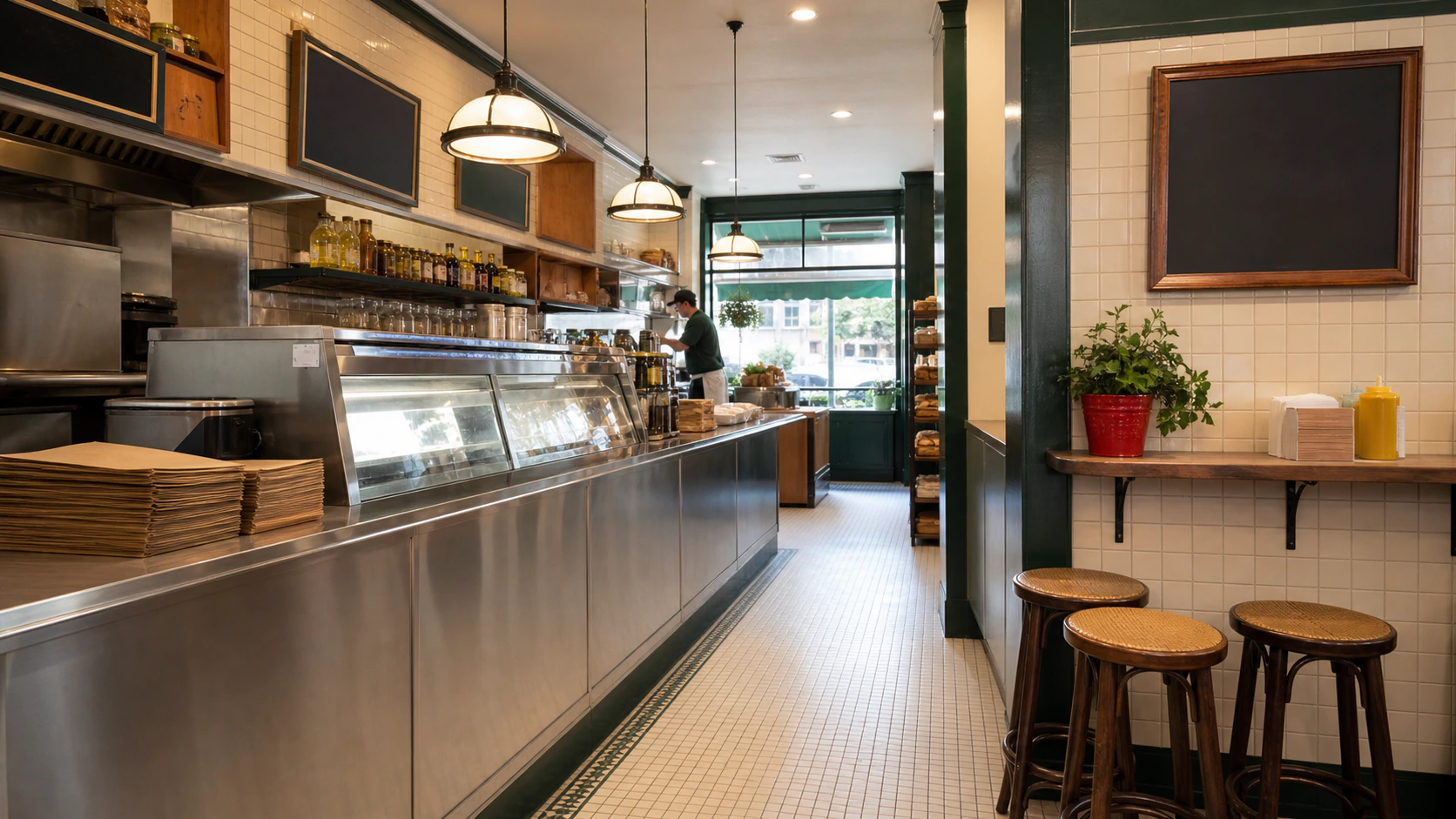 Empty cream-and-green deli counter ready for lunch with one distant staff member