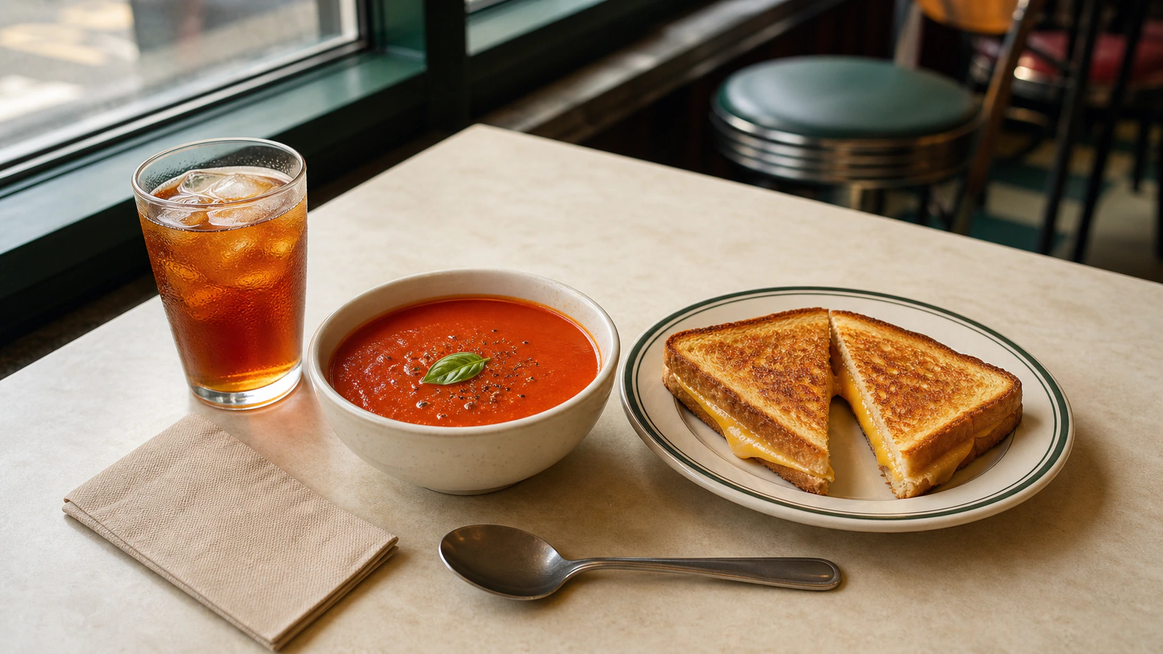 Tomato soup, grilled cheese halves, and iced tea