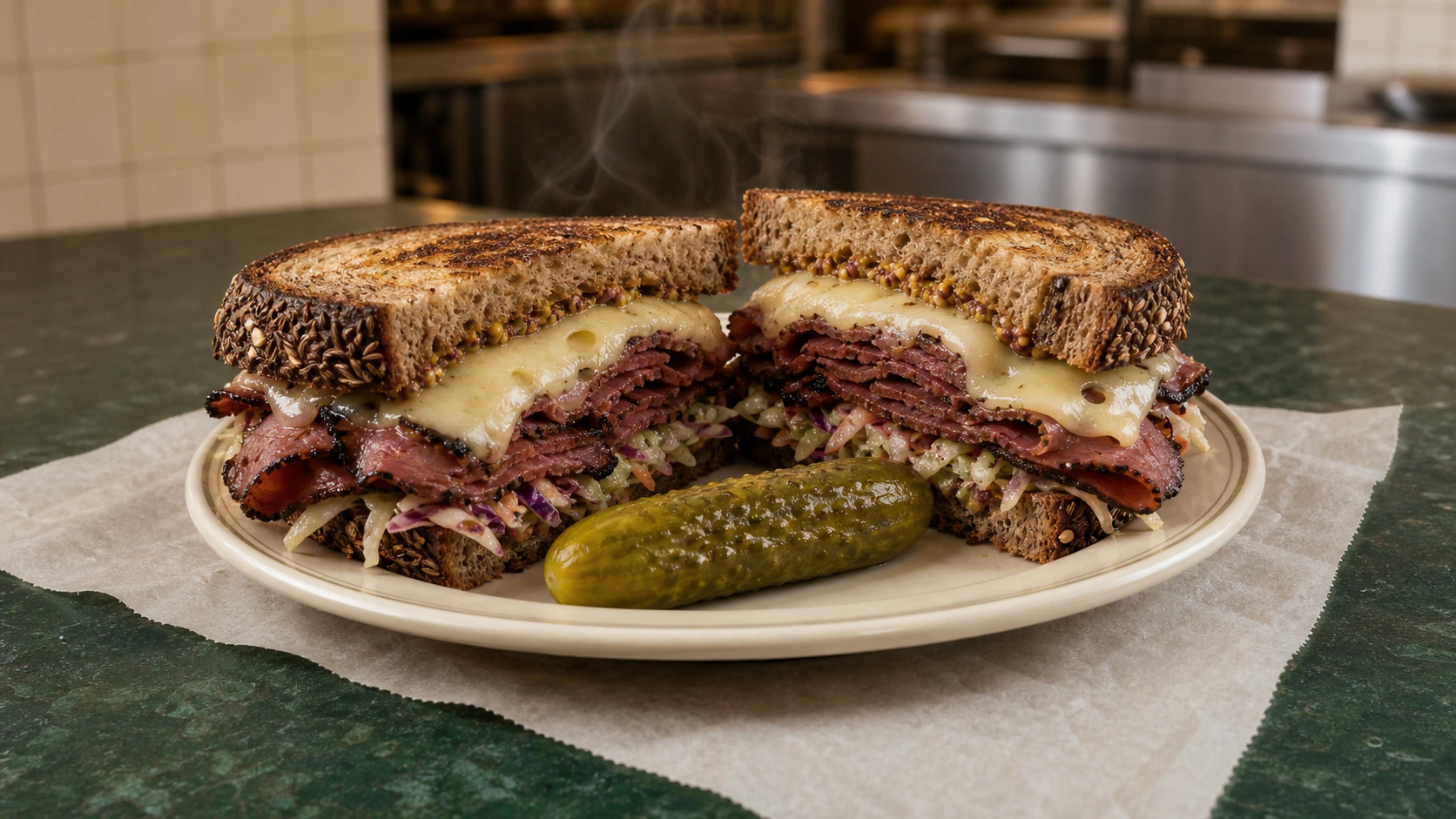 Two halves of a hot pastrami-style sandwich with melted cheese, slaw, and a pickle