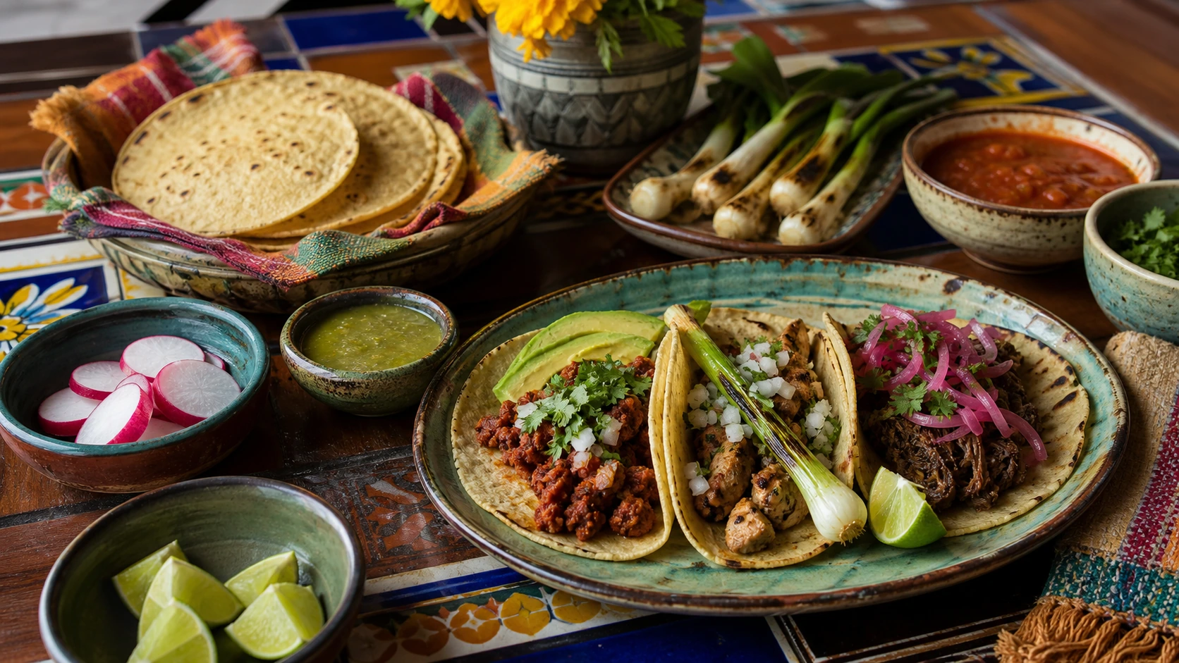 Overhead view of colorful fictional tacos on a hand-painted ceramic plate beside lime wedges and a folded cloth napkin.